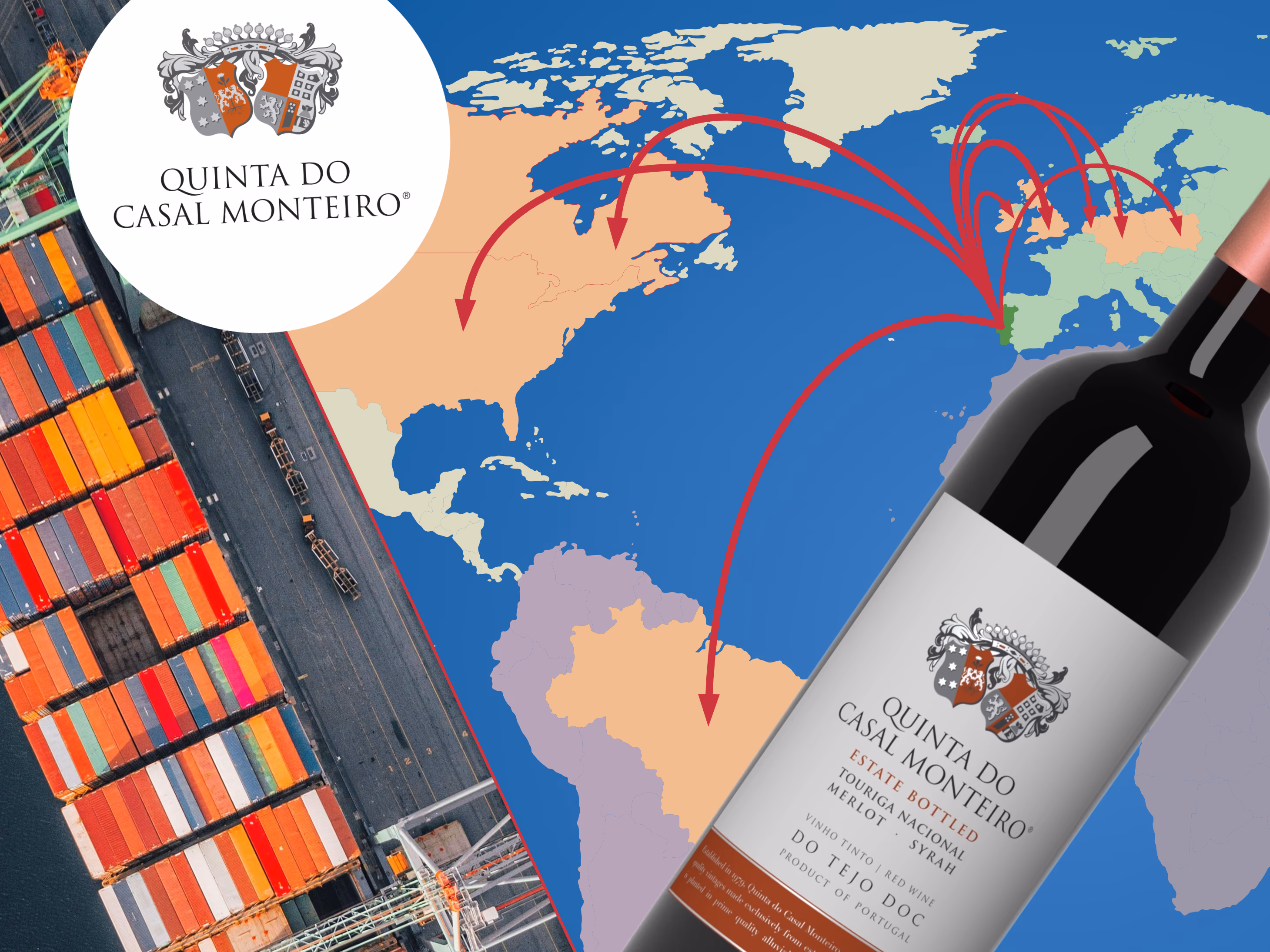 Global export map showing wine distribution routes from Portugal to Europe, Americas and other markets with Quinta do Casal Monteiro branding